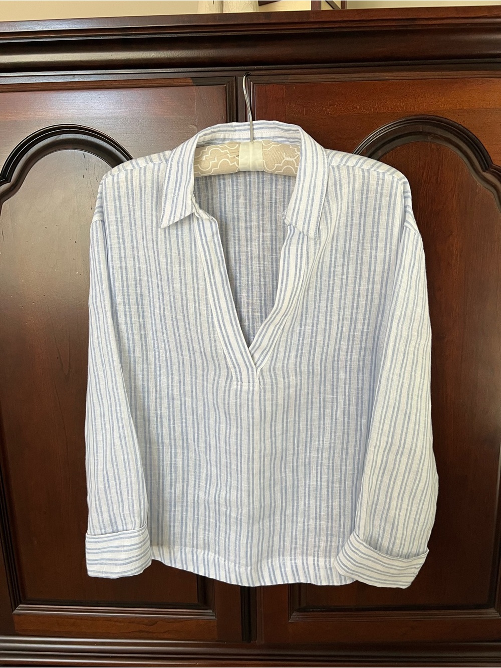 Martha Stewart Light Blue and White Striped Casual Shirt